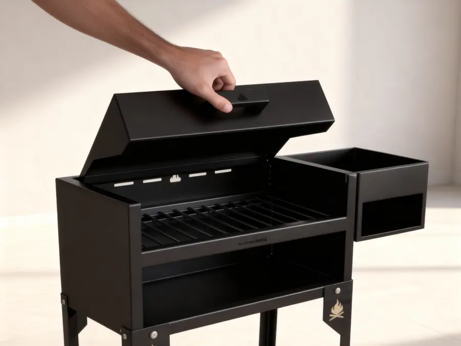 Asador móvil de chapa negra con tapa, parrilla y bandeja lateral
