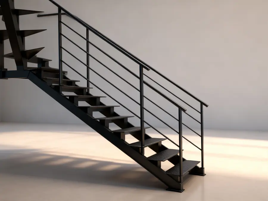 Escalera de hierro con escalones antideslizantes y baranda de caños horizontales