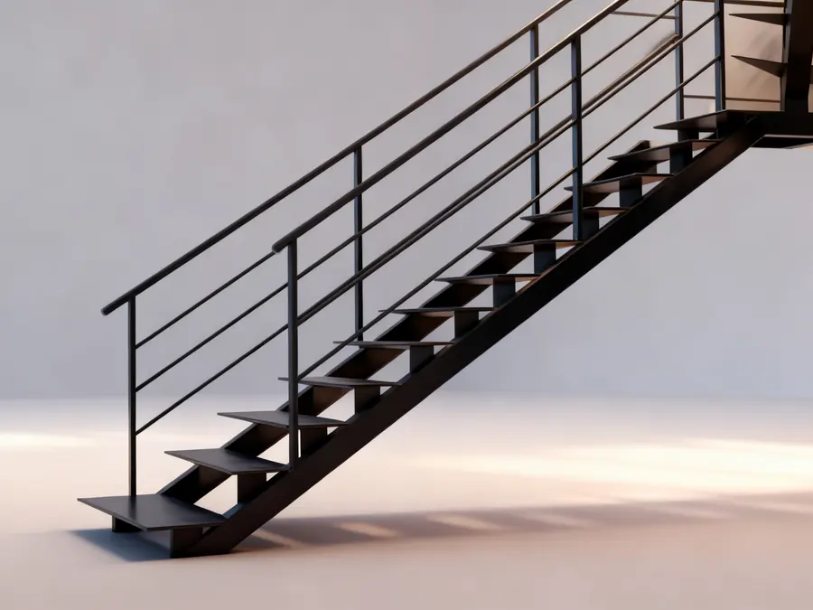 Escalera recta de hierro con viga central y baranda de caños