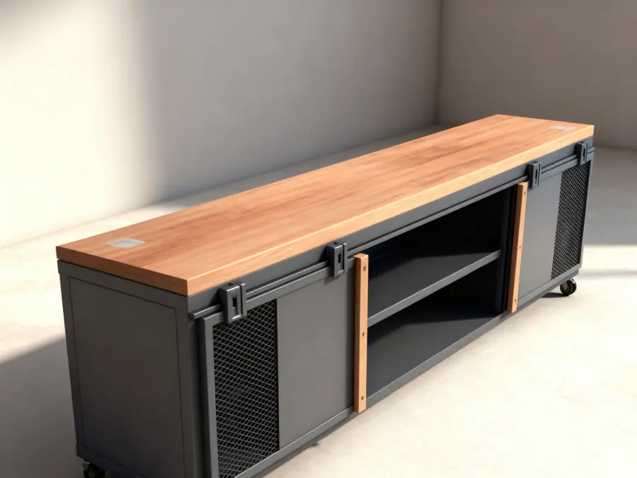 Rack industrial con tapa de madera maciza, puertas corredizas de metal desplegado y ruedas