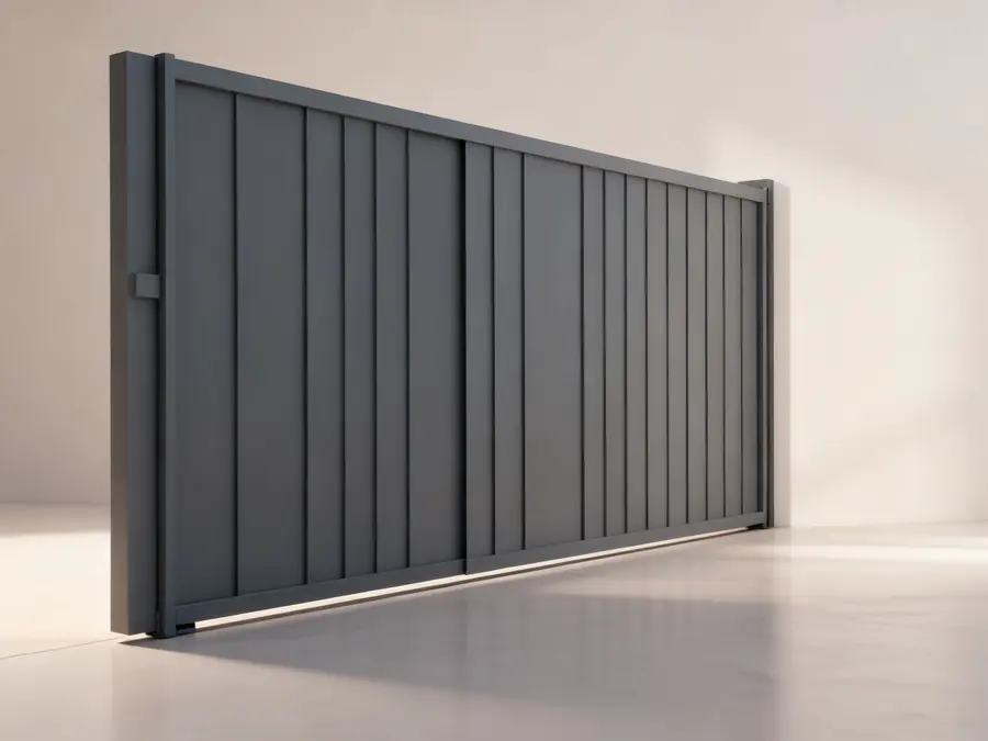 Portón corredizo de listones verticales en aluminio gris